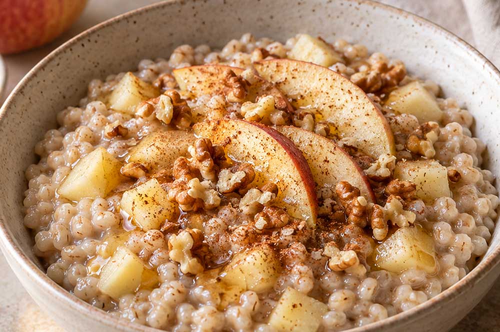 Porridge d'orzo con mela, noci e cannella