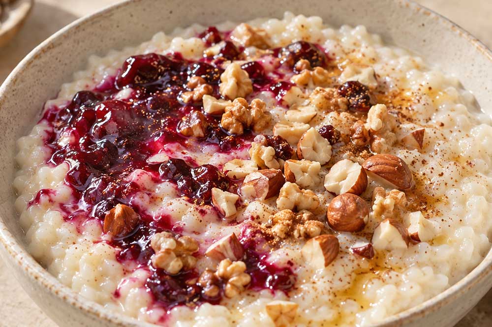 Porridge di riso con frutta secca e marmellata