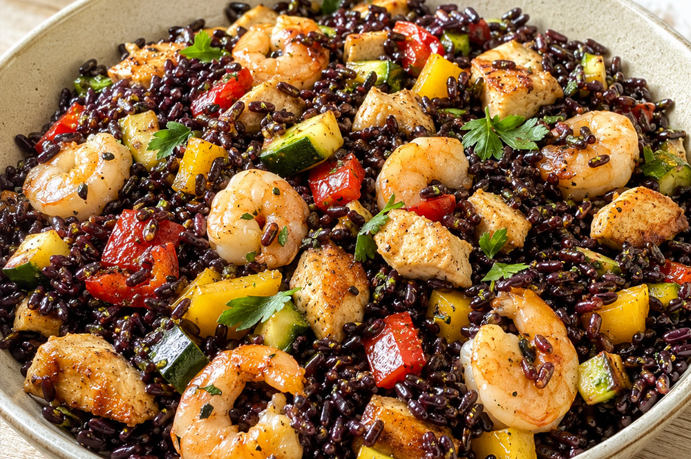 Insalata di riso nero con pollo e gamberetti