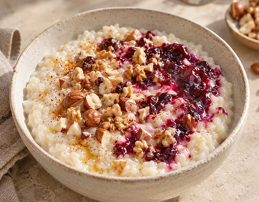 Porridge di riso con frutta secca e marmellata