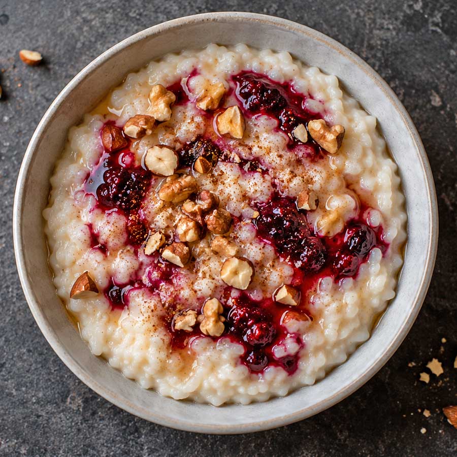 Porridge di riso con frutta secca e marmellata