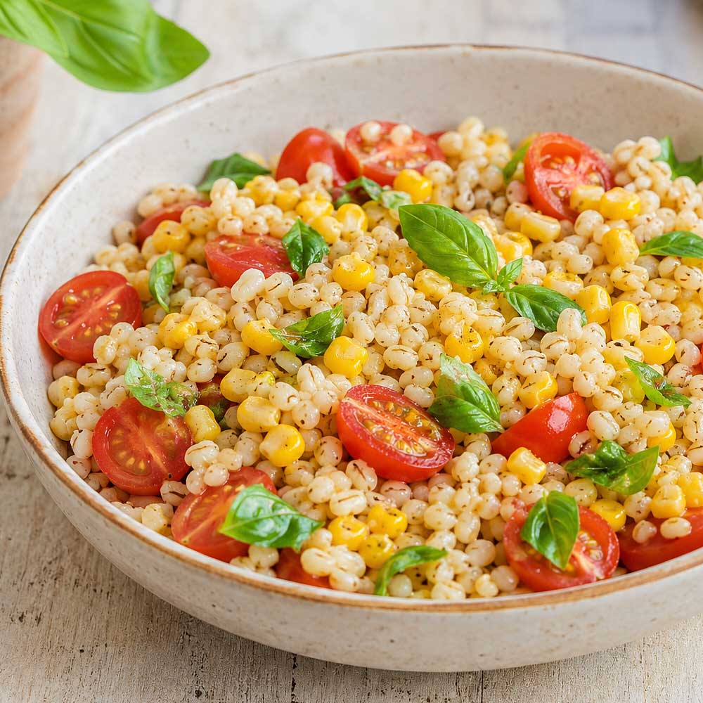 Insalata di orzo, mais e pomodorini