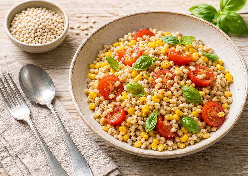 Insalata di orzo, mais e pomodorini
